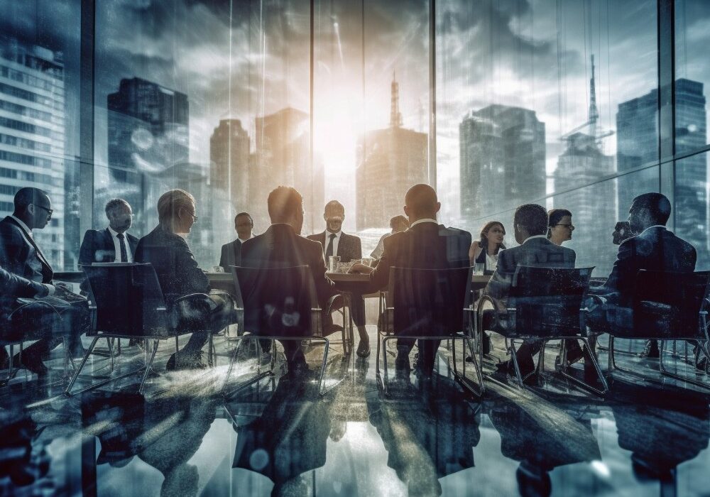 double exposure photograph business conference with gathering people backdrop city office building background generative ai