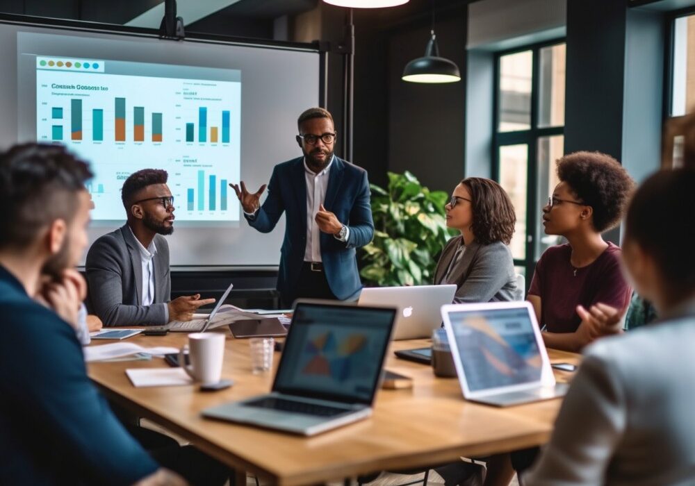 focused team leader presenting marketing plan interested multiracial coworkers
